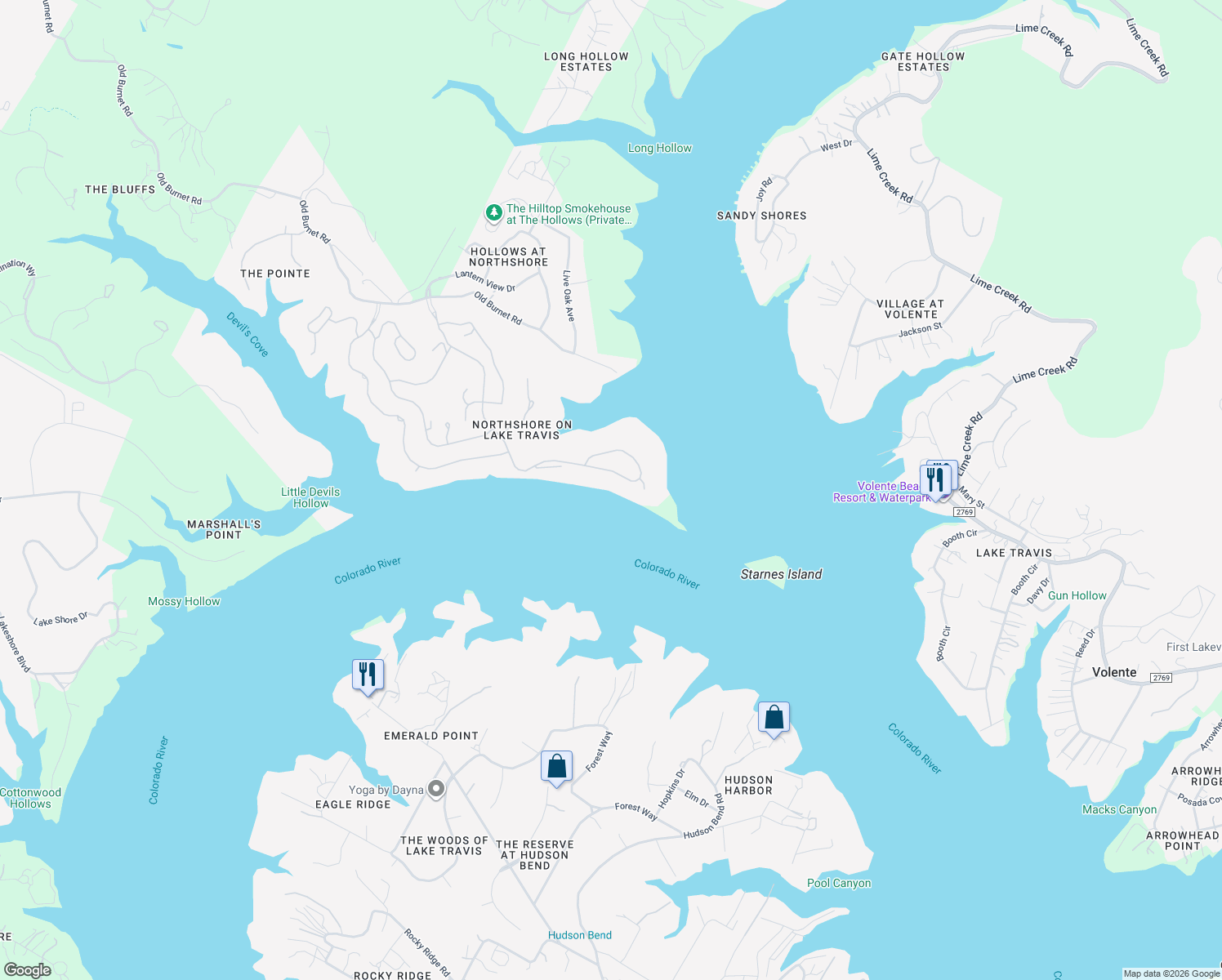 map of restaurants, bars, coffee shops, grocery stores, and more near 6400 Lantern View Drive in Jonestown