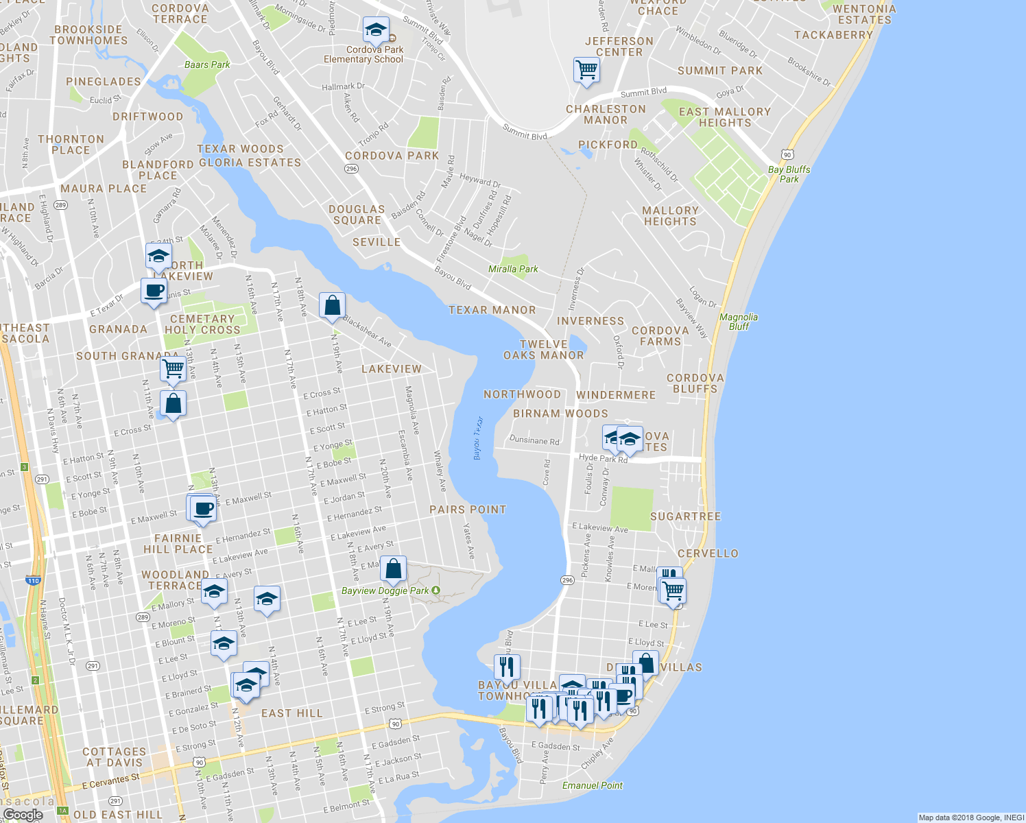 map of restaurants, bars, coffee shops, grocery stores, and more near 2241 Banquos Trail in Pensacola
