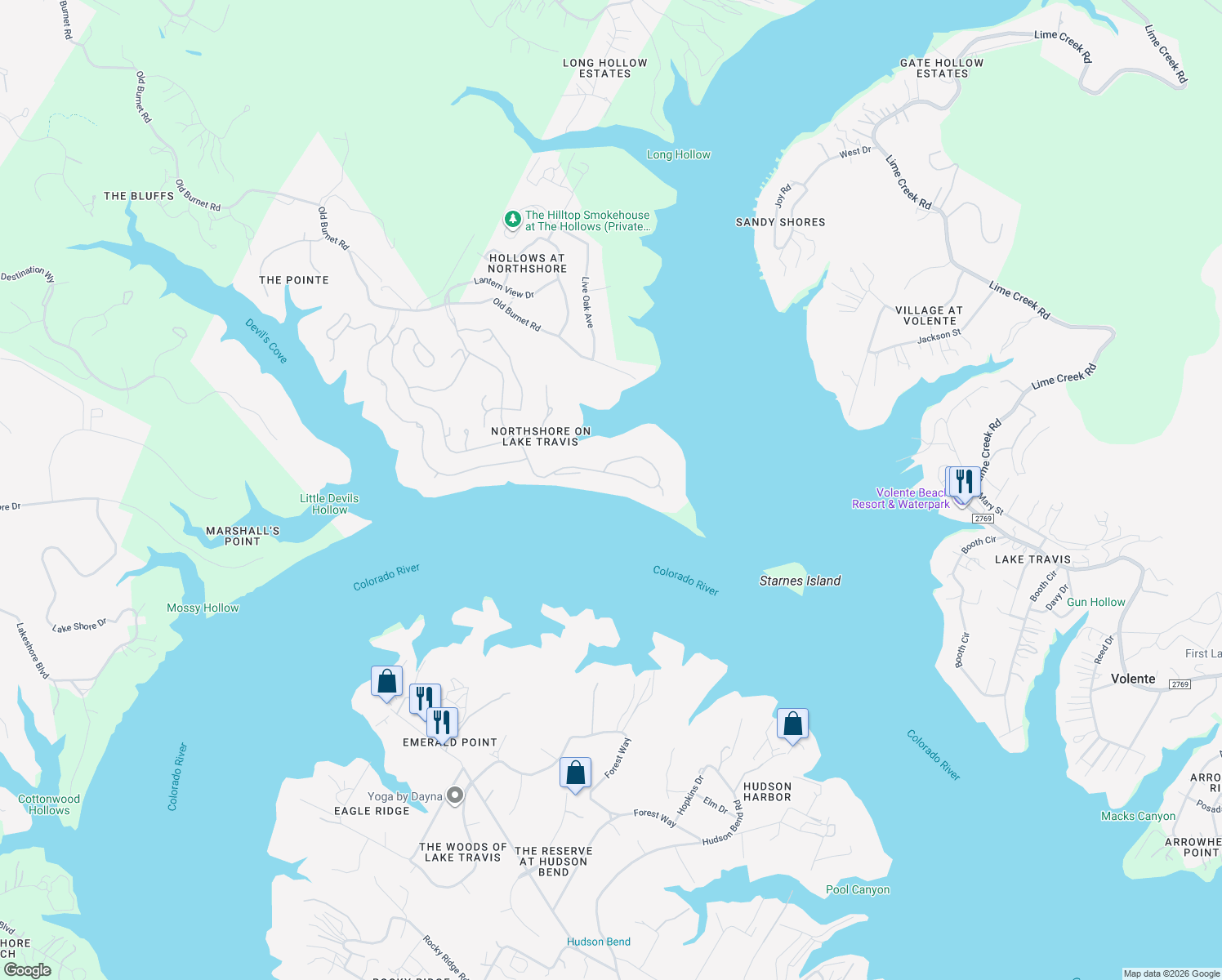 map of restaurants, bars, coffee shops, grocery stores, and more near 6400 Lantern View Drive in Jonestown
