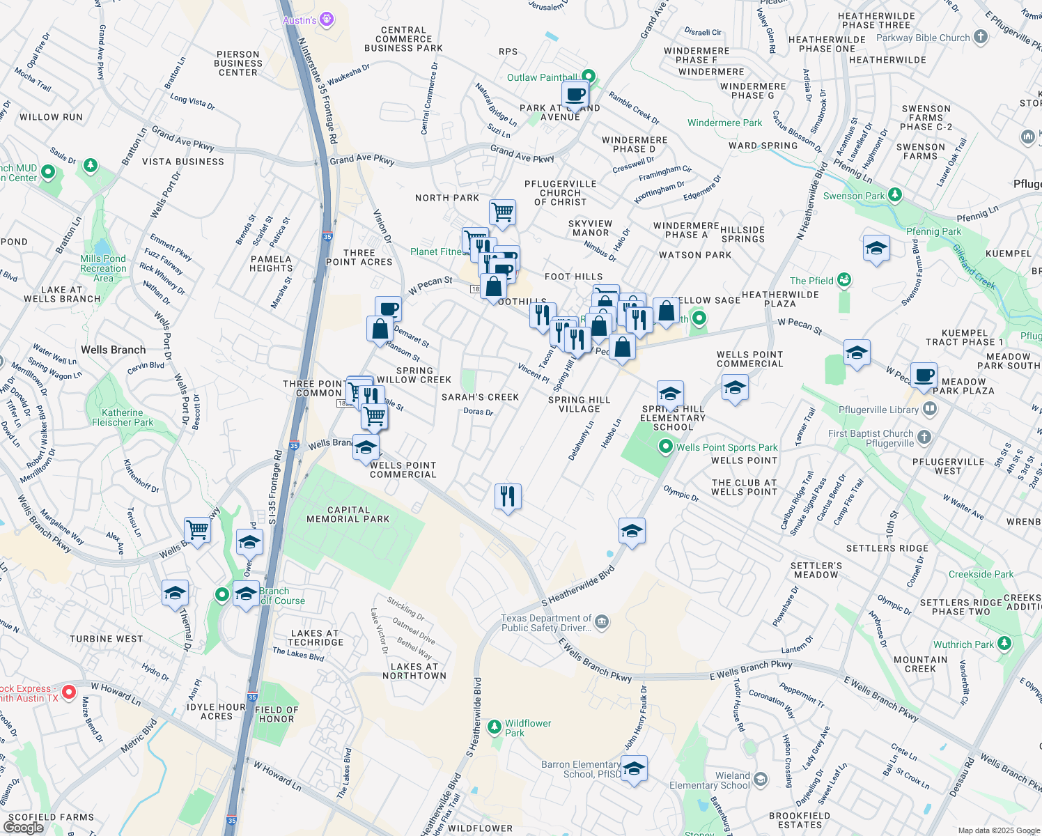 map of restaurants, bars, coffee shops, grocery stores, and more near 15305 Tacon Lane in Pflugerville