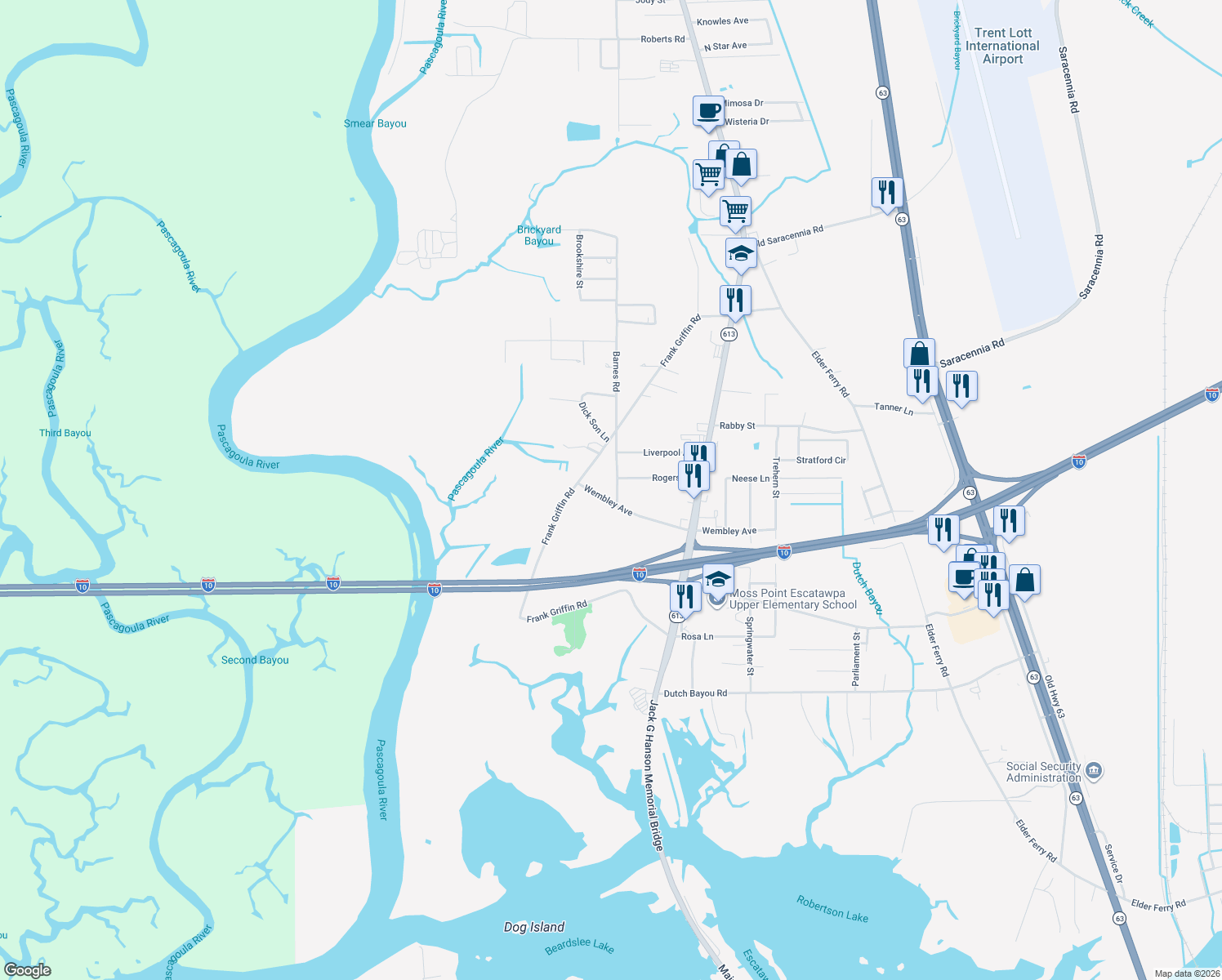 map of restaurants, bars, coffee shops, grocery stores, and more near 6917 Barnes Road in Moss Point