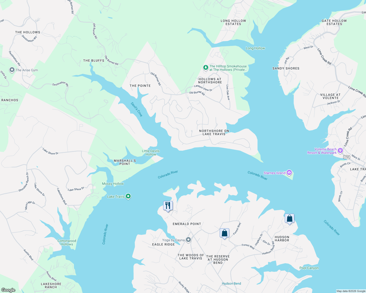 map of restaurants, bars, coffee shops, grocery stores, and more near 17603 Breakwater Drive in Jonestown
