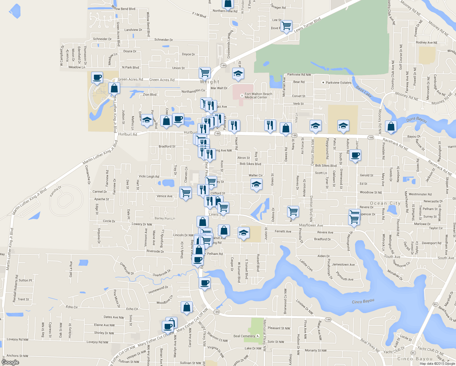map of restaurants, bars, coffee shops, grocery stores, and more near 203 Yancey Street in Fort Walton Beach