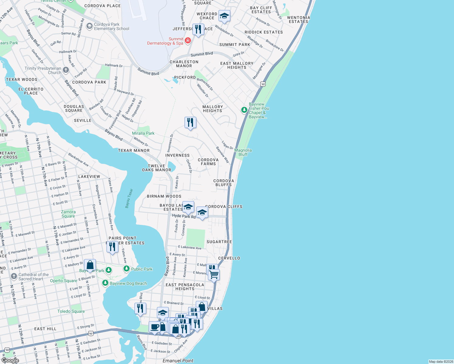 map of restaurants, bars, coffee shops, grocery stores, and more near 2420 Bluffs Cir in Pensacola