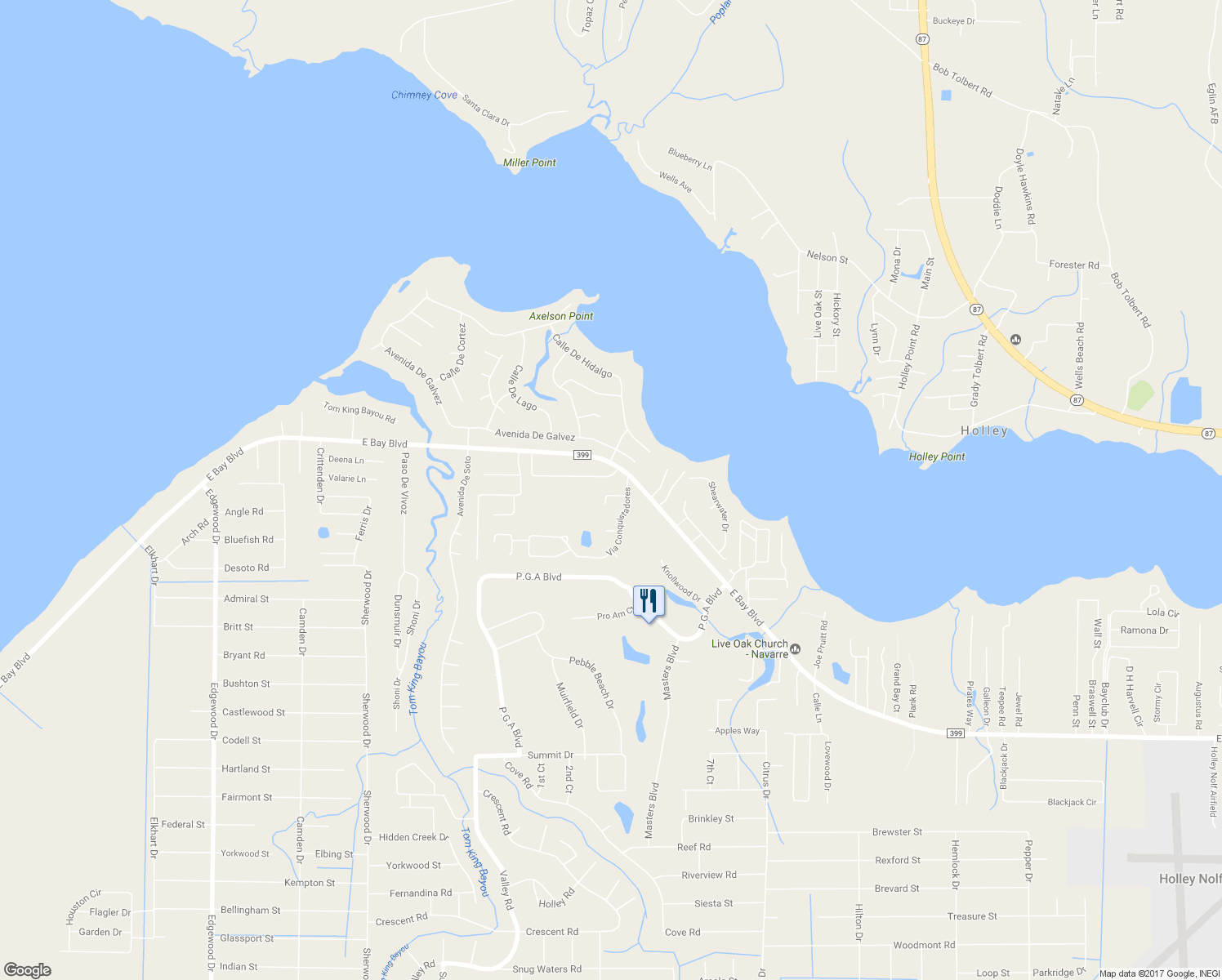 map of restaurants, bars, coffee shops, grocery stores, and more near 7082 Calle Ponce De Leon in Navarre