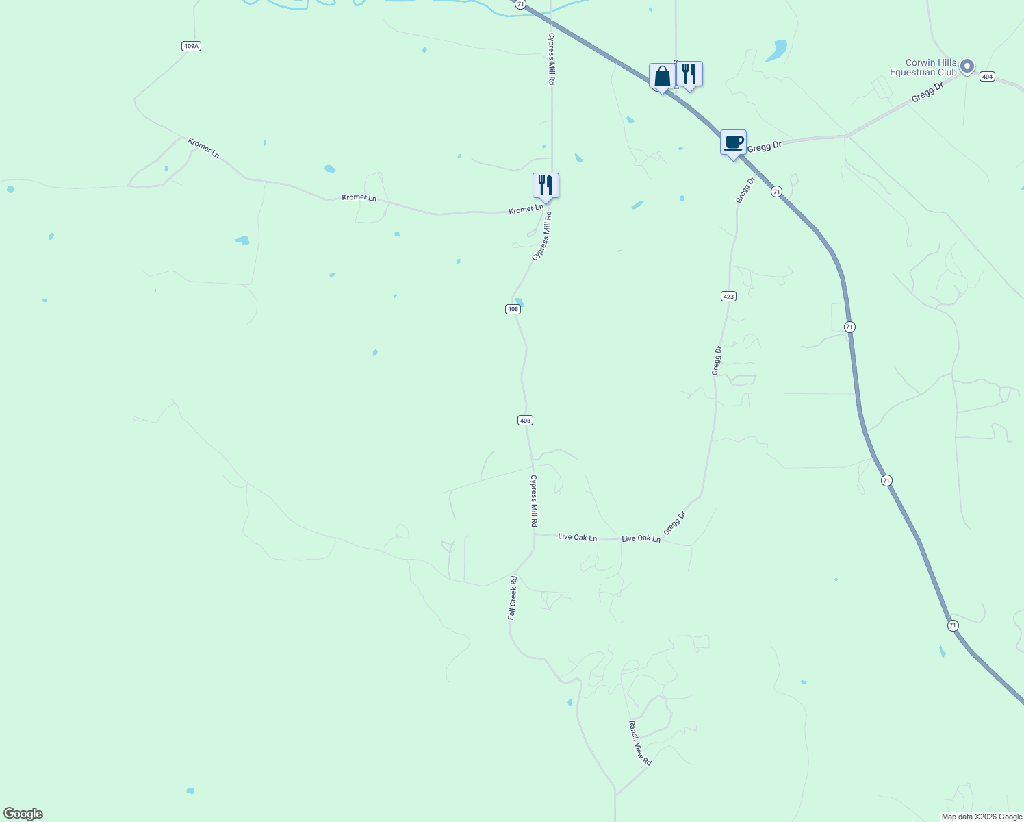 map of restaurants, bars, coffee shops, grocery stores, and more near 2530 County Road 408 in Spicewood
