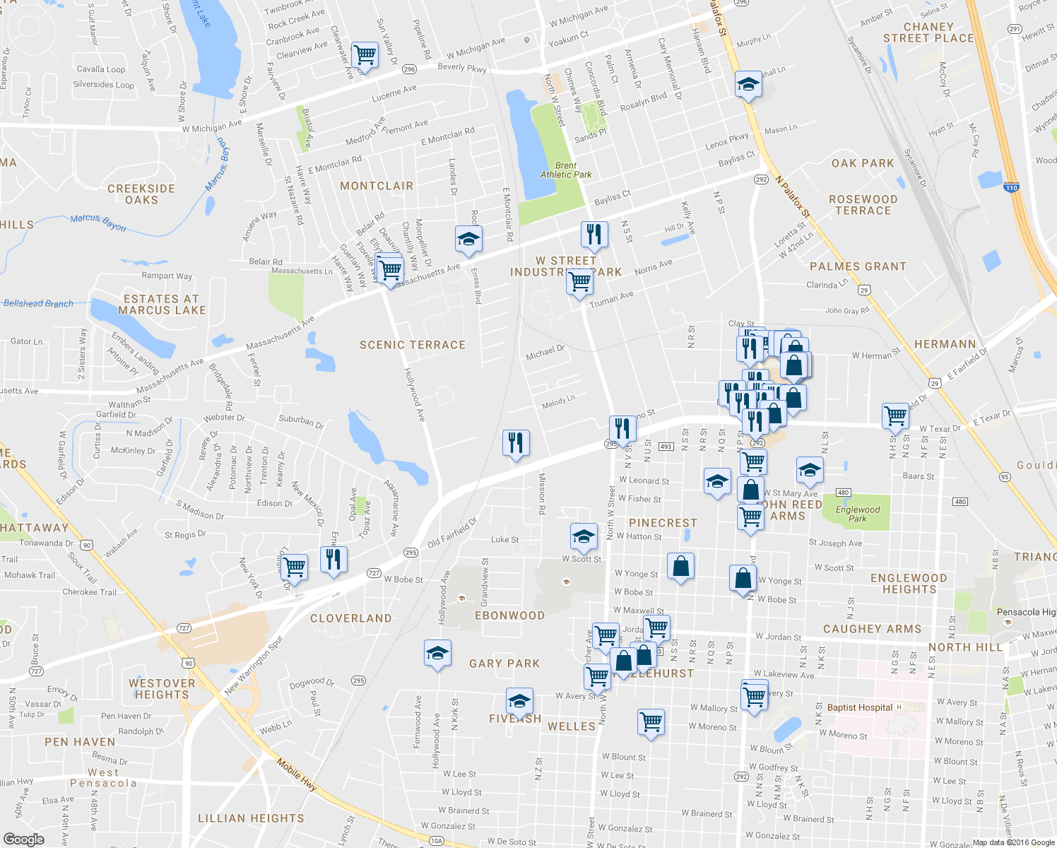 map of restaurants, bars, coffee shops, grocery stores, and more near 3233 Market Street in Pensacola