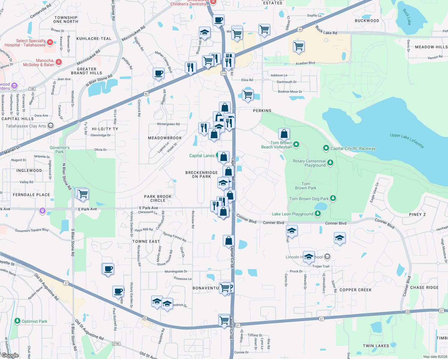 map of restaurants, bars, coffee shops, grocery stores, and more near 662 Capital Circle Northeast in Tallahassee