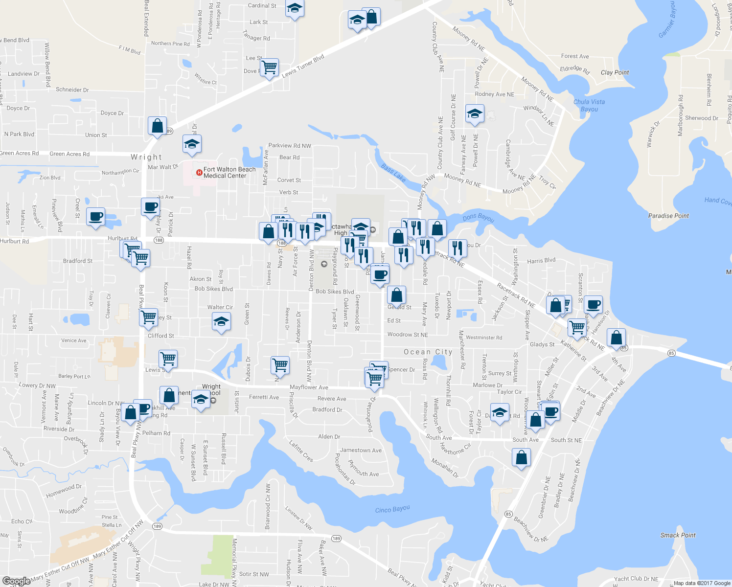 map of restaurants, bars, coffee shops, grocery stores, and more near 615 Bob Sikes Boulevard in Fort Walton Beach