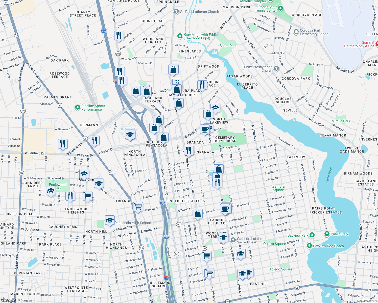map of restaurants, bars, coffee shops, grocery stores, and more near 3 Escalona Avenue in Pensacola