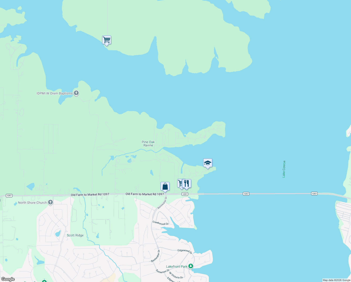 map of restaurants, bars, coffee shops, grocery stores, and more near 16770 Hunters Trail in Montgomery