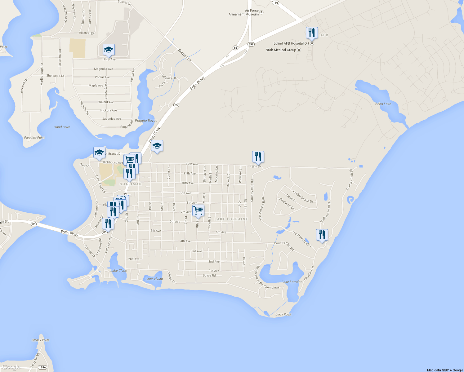 map of restaurants, bars, coffee shops, grocery stores, and more near 73 11th Street in Shalimar