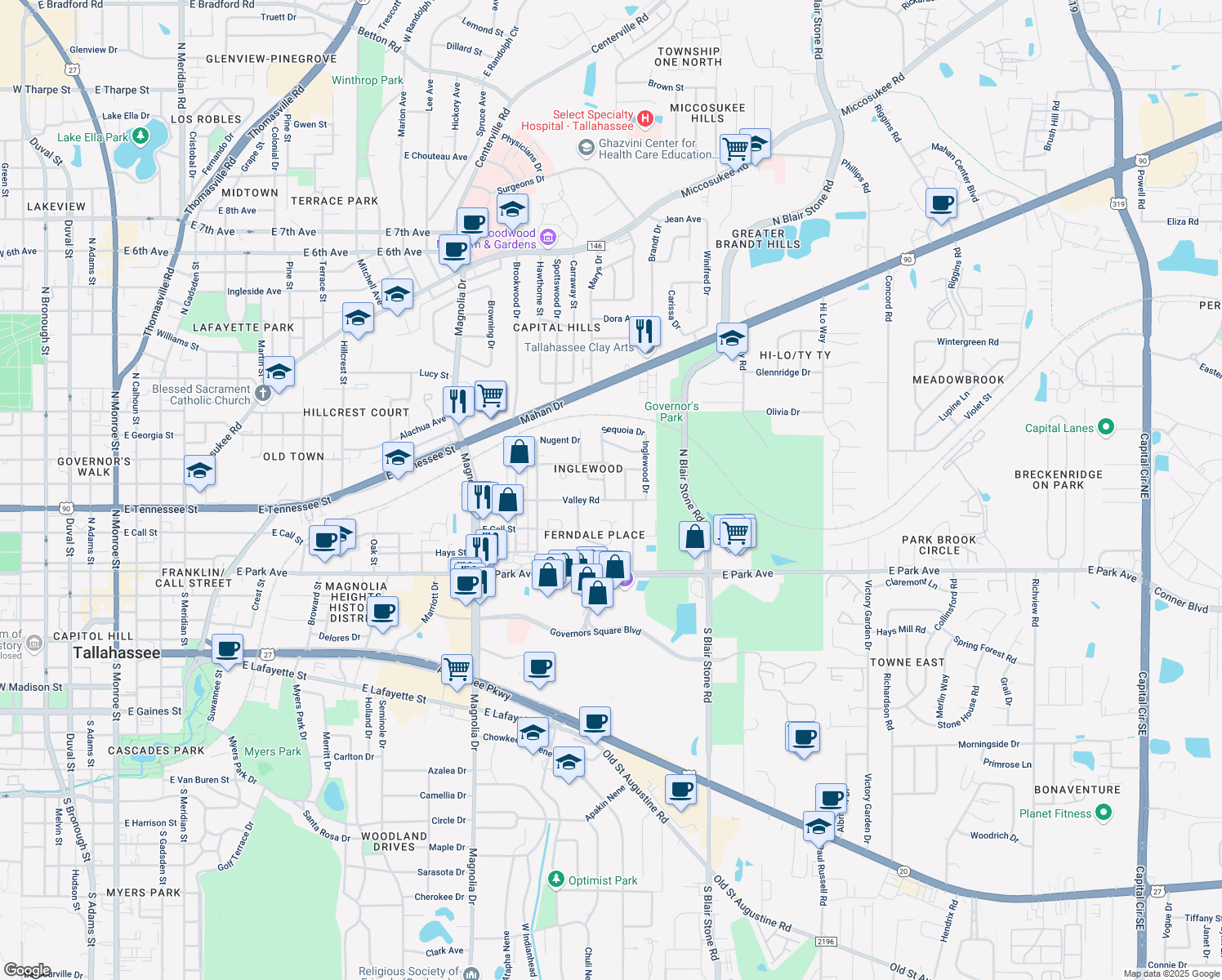 map of restaurants, bars, coffee shops, grocery stores, and more near 303 Chestnut Dr in Tallahassee