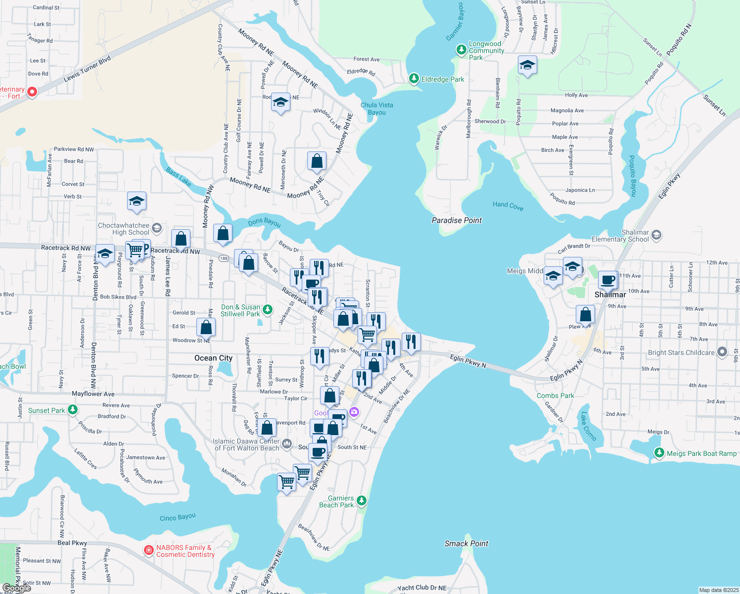 map of restaurants, bars, coffee shops, grocery stores, and more near 115 Scranton Street in Fort Walton Beach