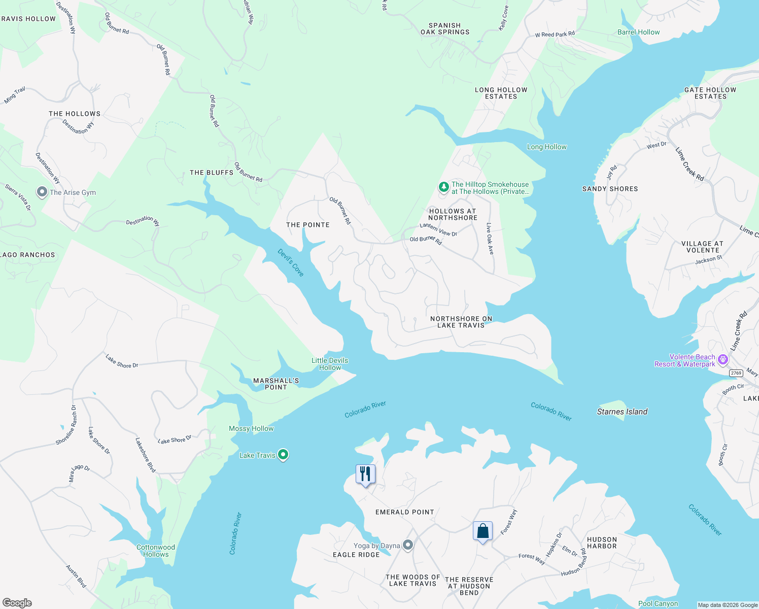 map of restaurants, bars, coffee shops, grocery stores, and more near 17801 Navigation Lane in Lago Vista