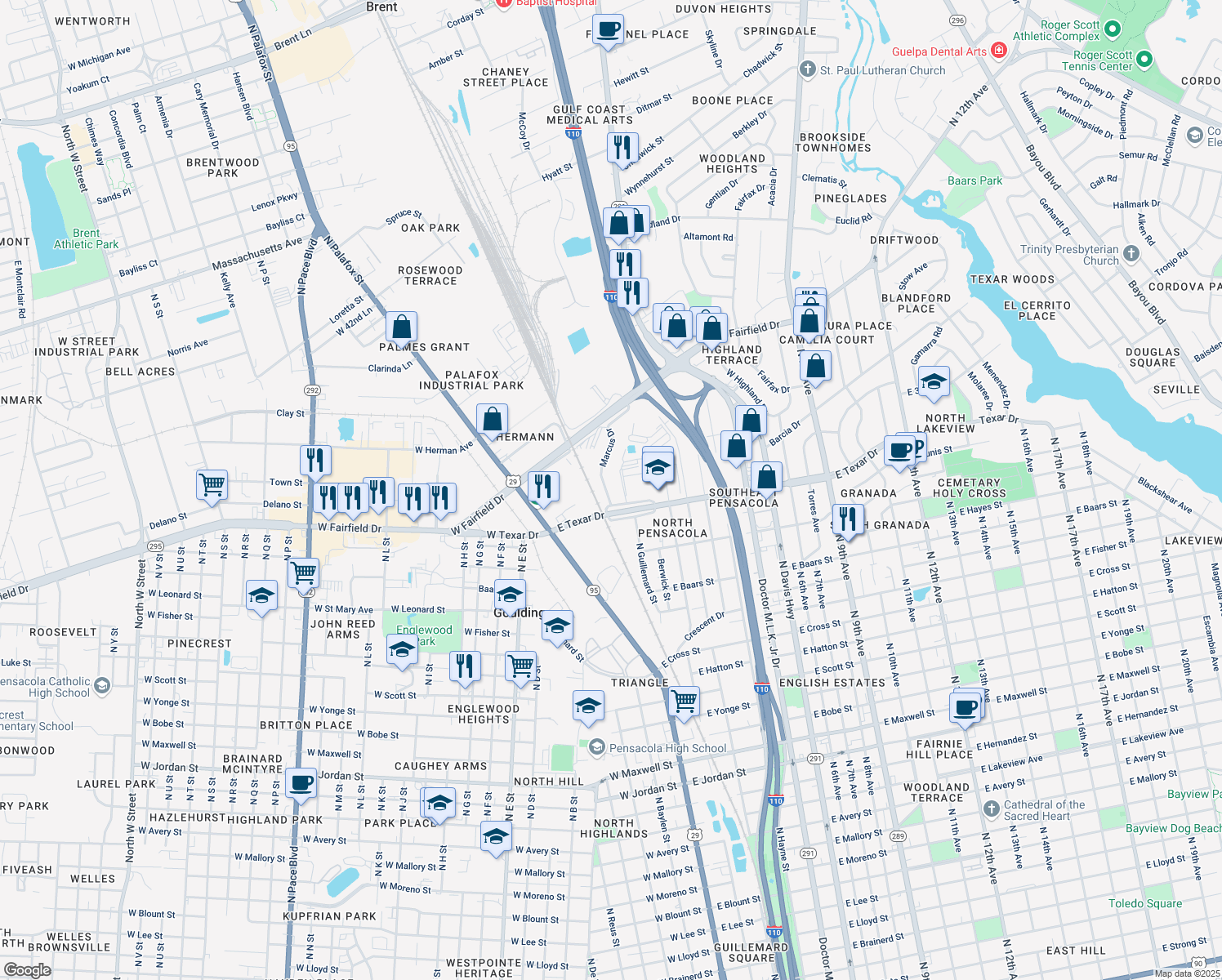 map of restaurants, bars, coffee shops, grocery stores, and more near 3310 Marcus Drive in Pensacola