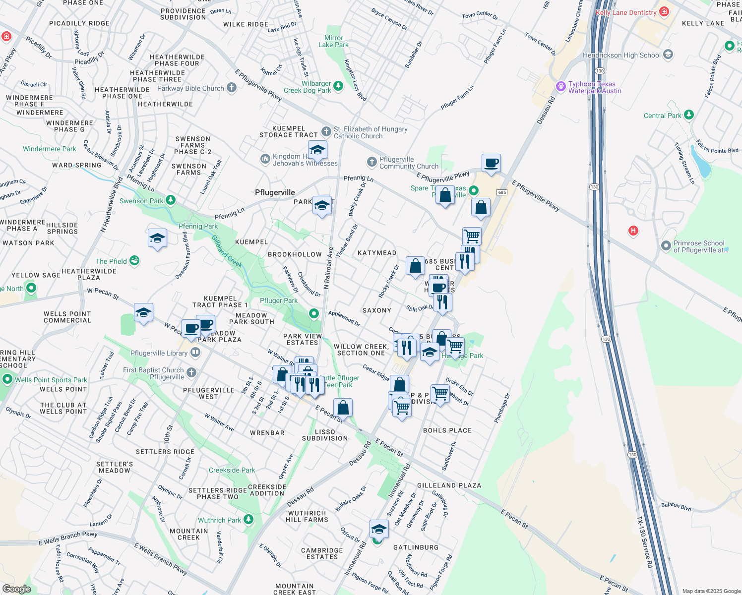 map of restaurants, bars, coffee shops, grocery stores, and more near 1013 Pecan Creek Drive in Pflugerville