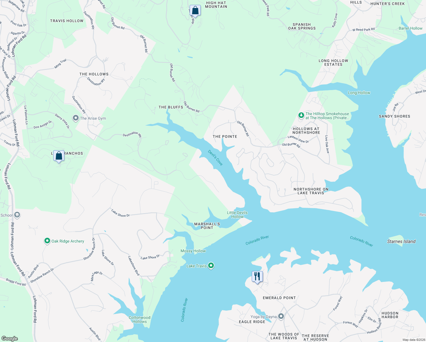 map of restaurants, bars, coffee shops, grocery stores, and more near 4617 Destination Way in Lago Vista