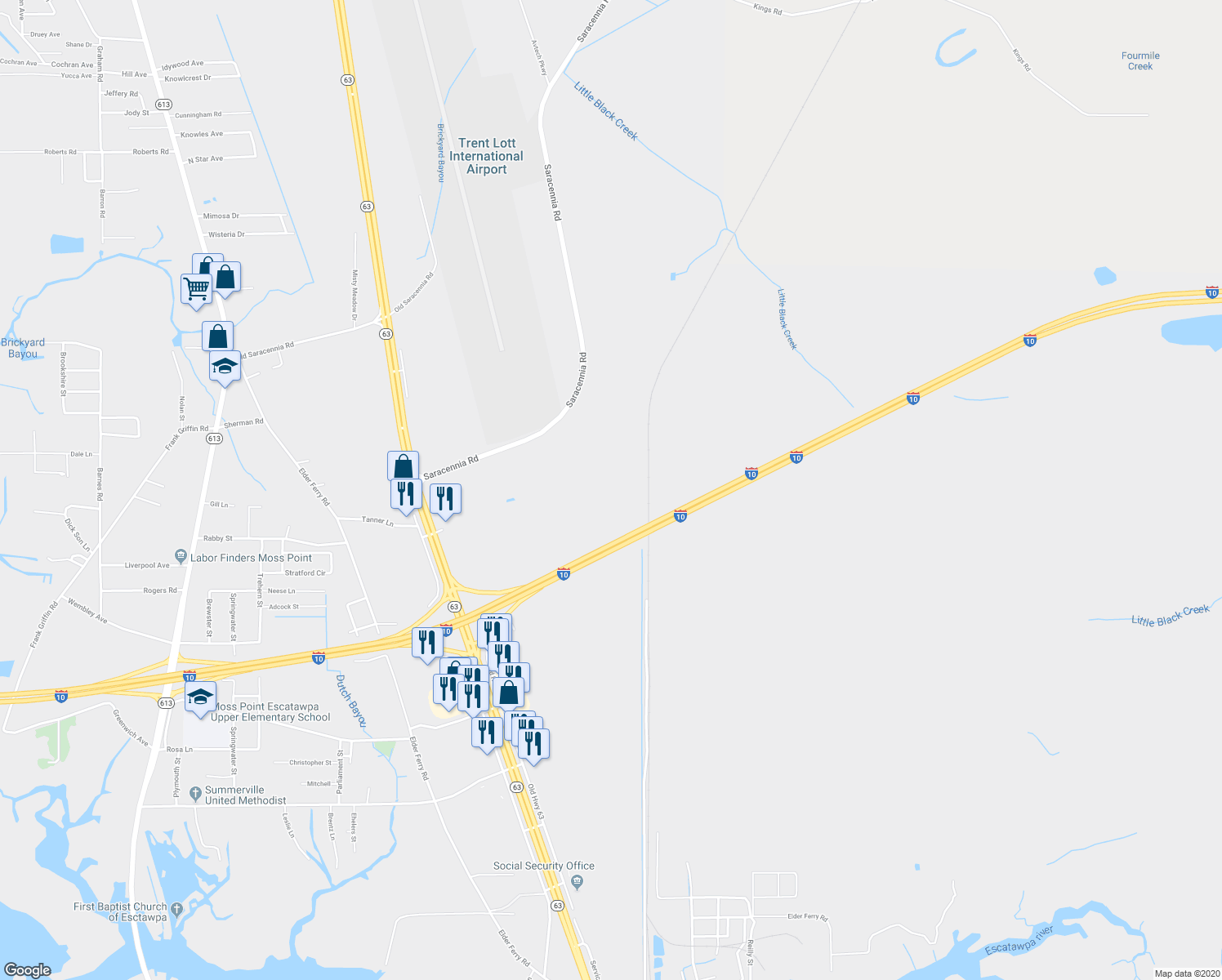 map of restaurants, bars, coffee shops, grocery stores, and more near 903 Jackson Avenue in Pascagoula