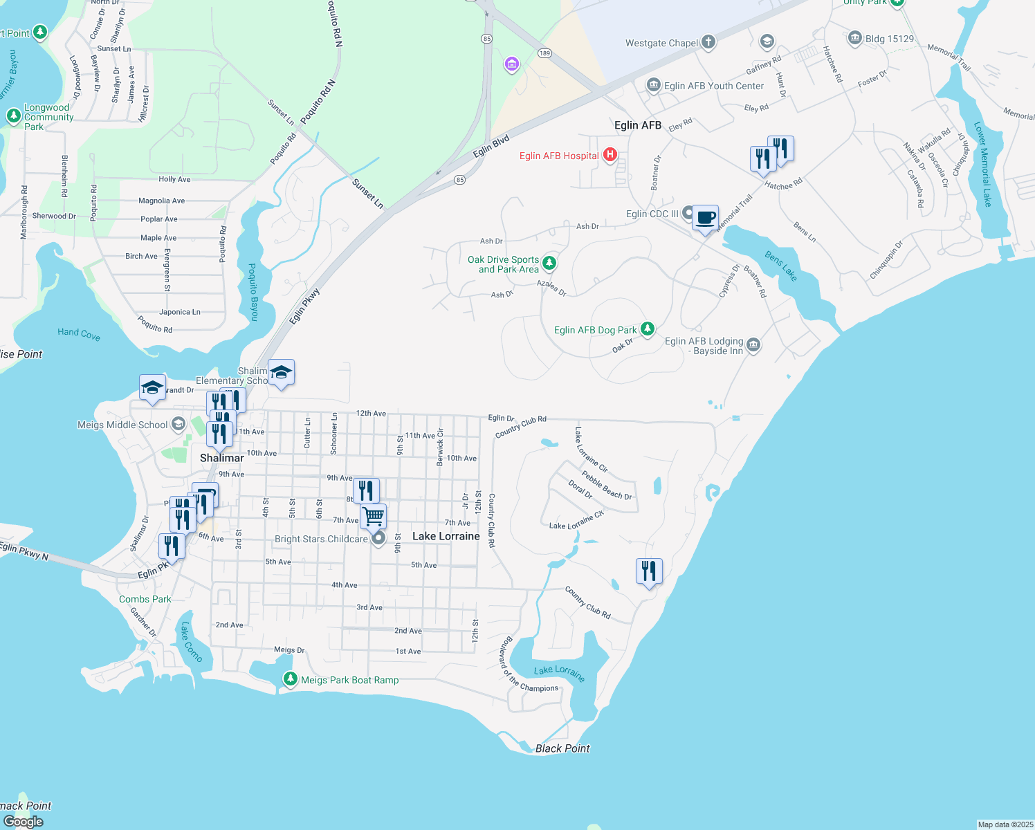 map of restaurants, bars, coffee shops, grocery stores, and more near 1 Eglin Drive in Shalimar