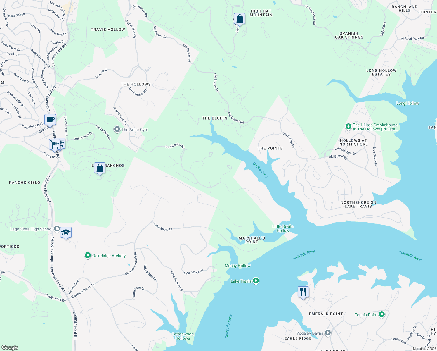 map of restaurants, bars, coffee shops, grocery stores, and more near 18604 Expedition trail in Jonestown