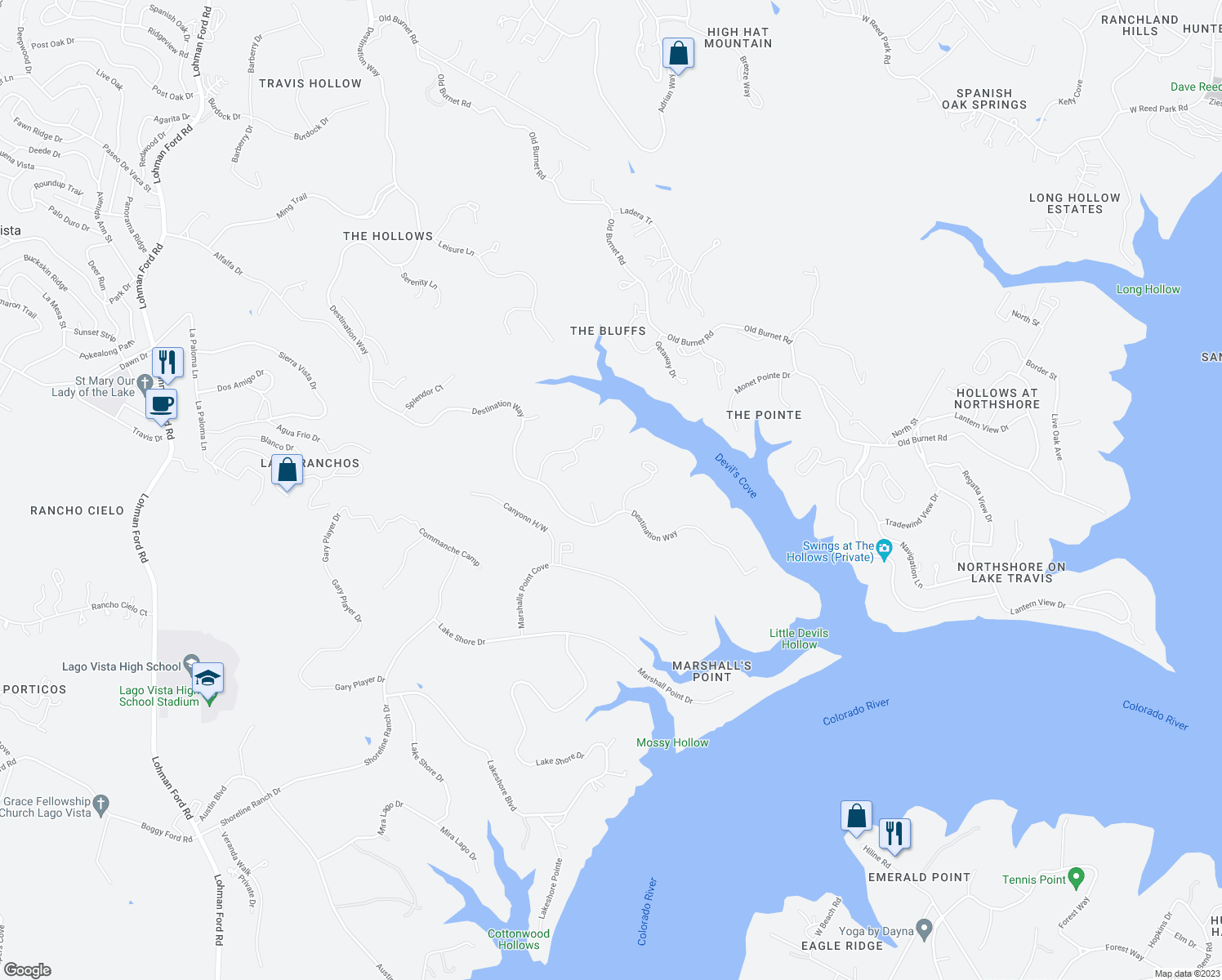 map of restaurants, bars, coffee shops, grocery stores, and more near 18604 Expedition trail in Jonestown