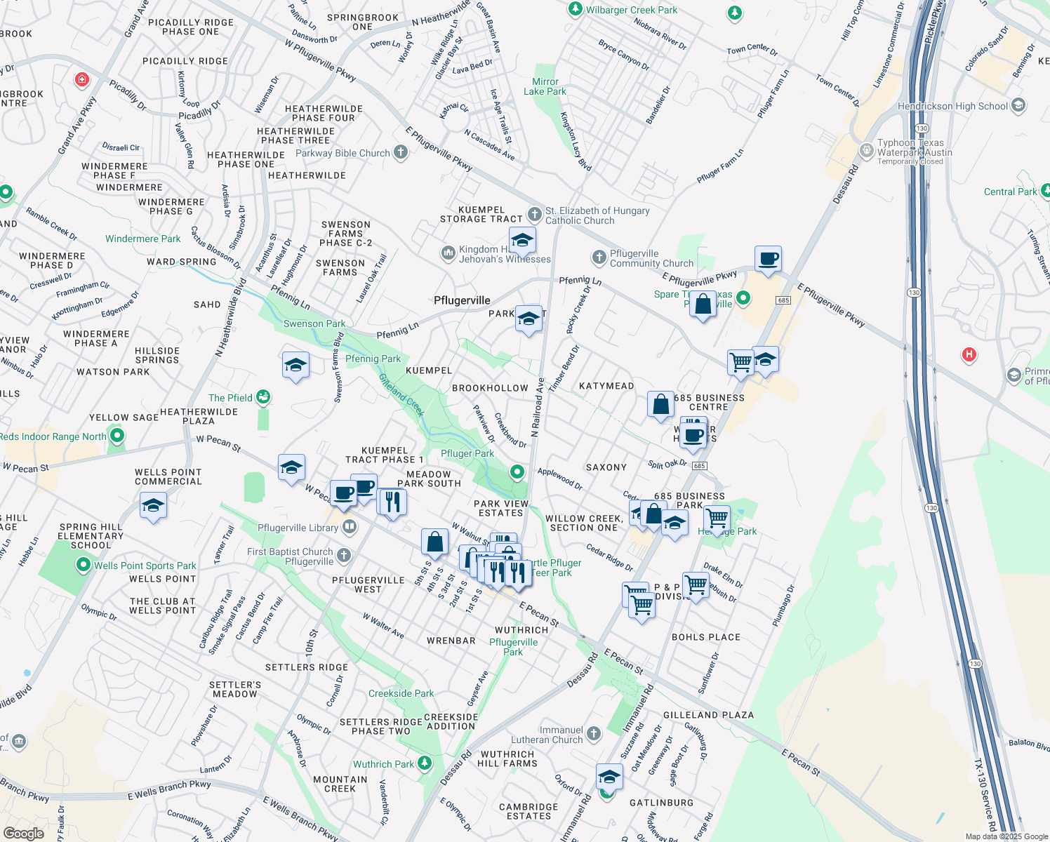 map of restaurants, bars, coffee shops, grocery stores, and more near 1011 Creekbend Cove in Pflugerville