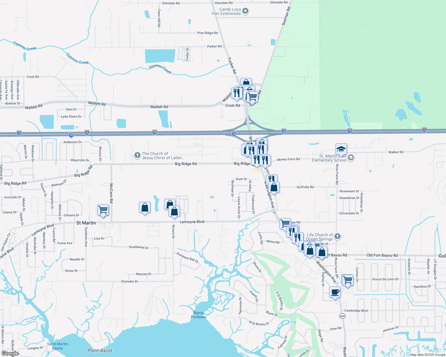 map of restaurants, bars, coffee shops, grocery stores, and more near 14205 Big Ridge Rd in Biloxi