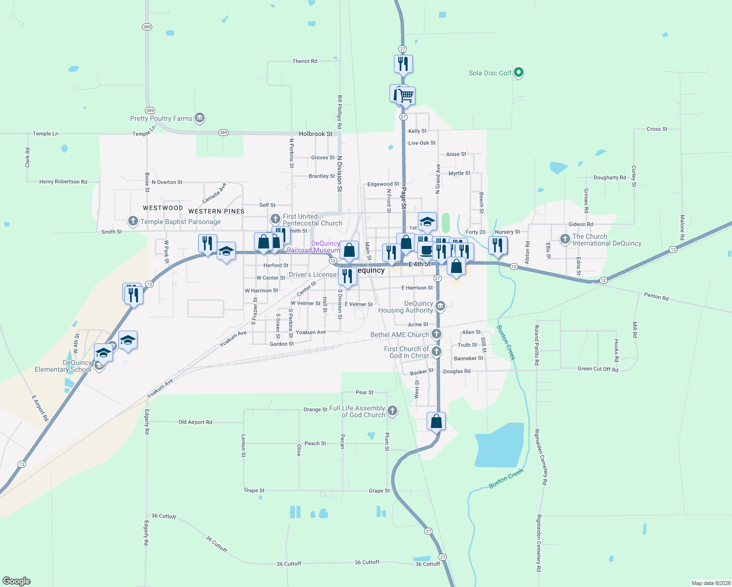map of restaurants, bars, coffee shops, grocery stores, and more near 305 E Harrison St in DeQuincy