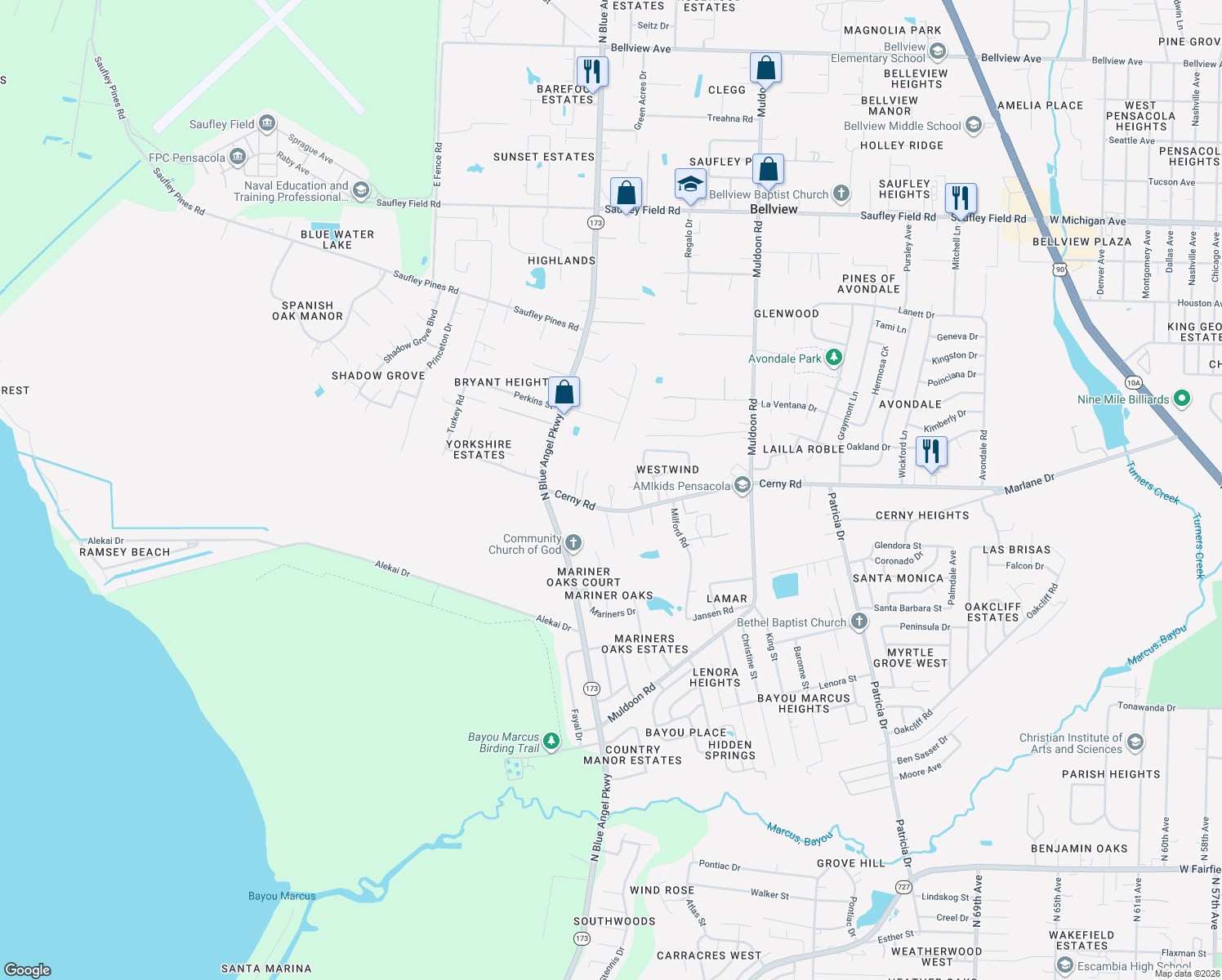 map of restaurants, bars, coffee shops, grocery stores, and more near 5514 Cerny Road in Pensacola