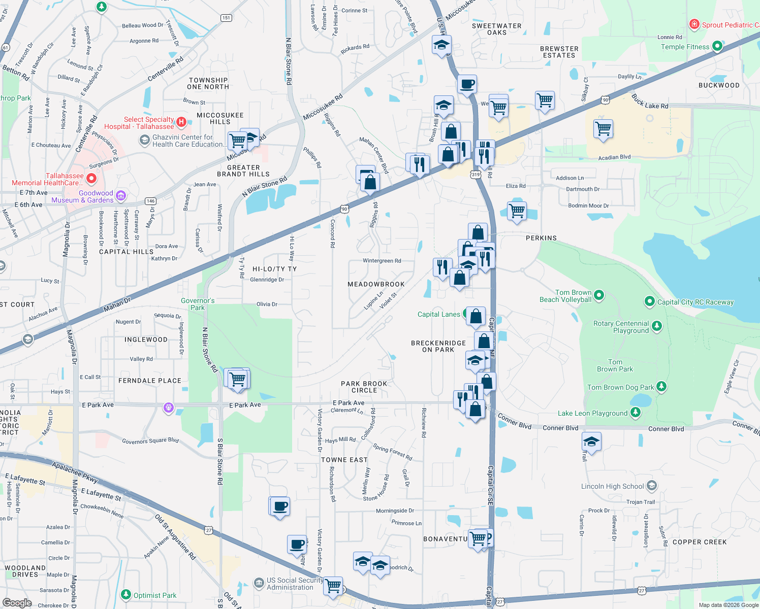 map of restaurants, bars, coffee shops, grocery stores, and more near 716 Violet Street in Tallahassee