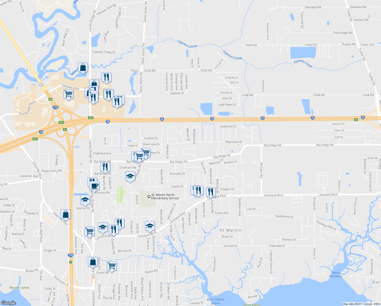map of restaurants, bars, coffee shops, grocery stores, and more near 15828 Albany Drive in Biloxi