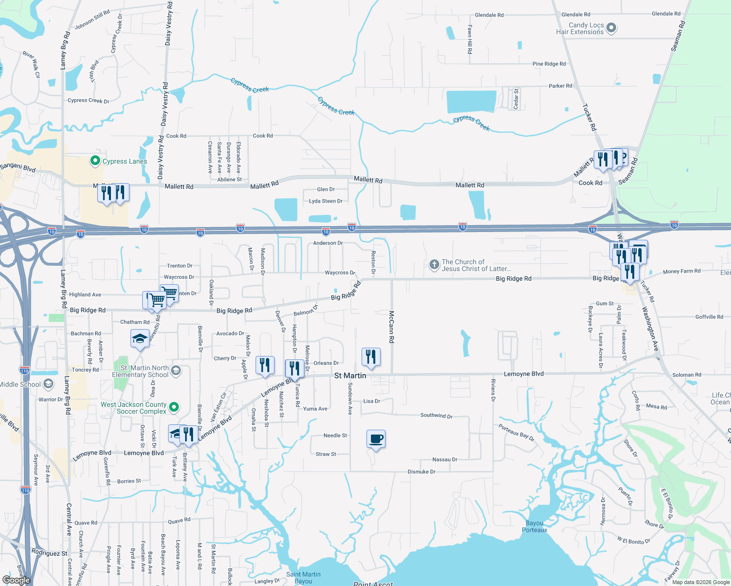 map of restaurants, bars, coffee shops, grocery stores, and more near 15301 Big Ridge Rd in Biloxi