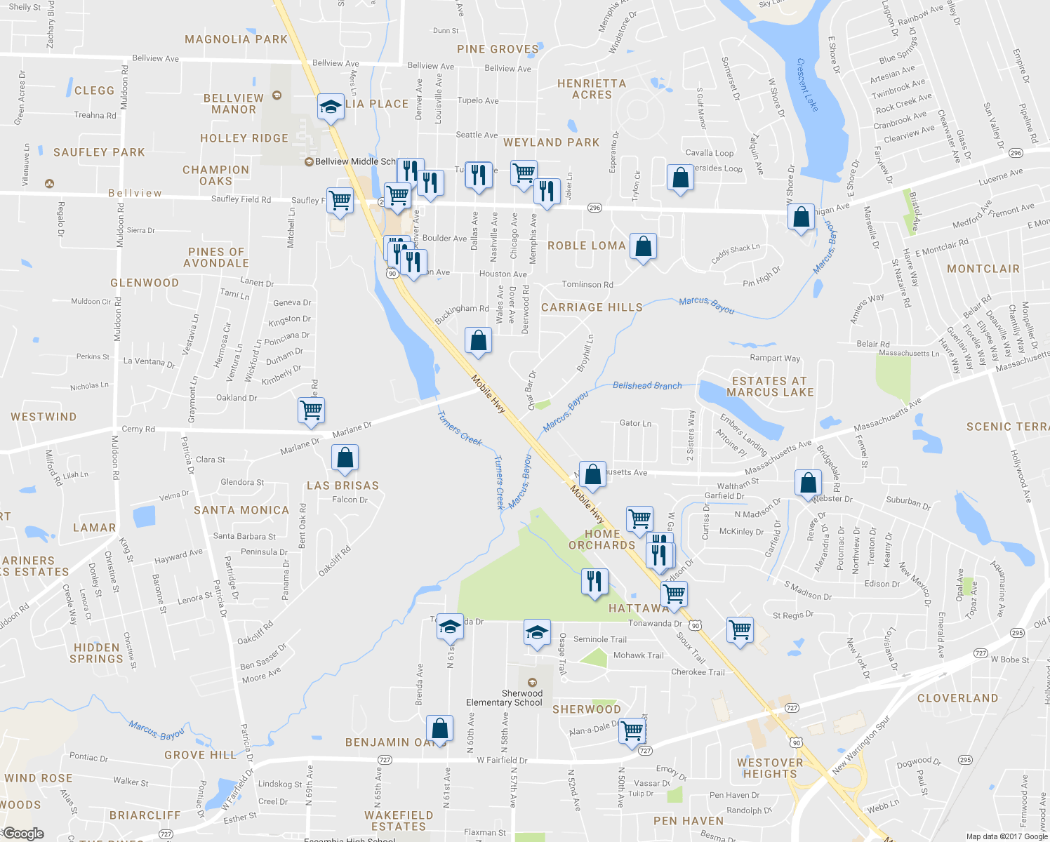 map of restaurants, bars, coffee shops, grocery stores, and more near 5205 Char Bar Drive in Pensacola