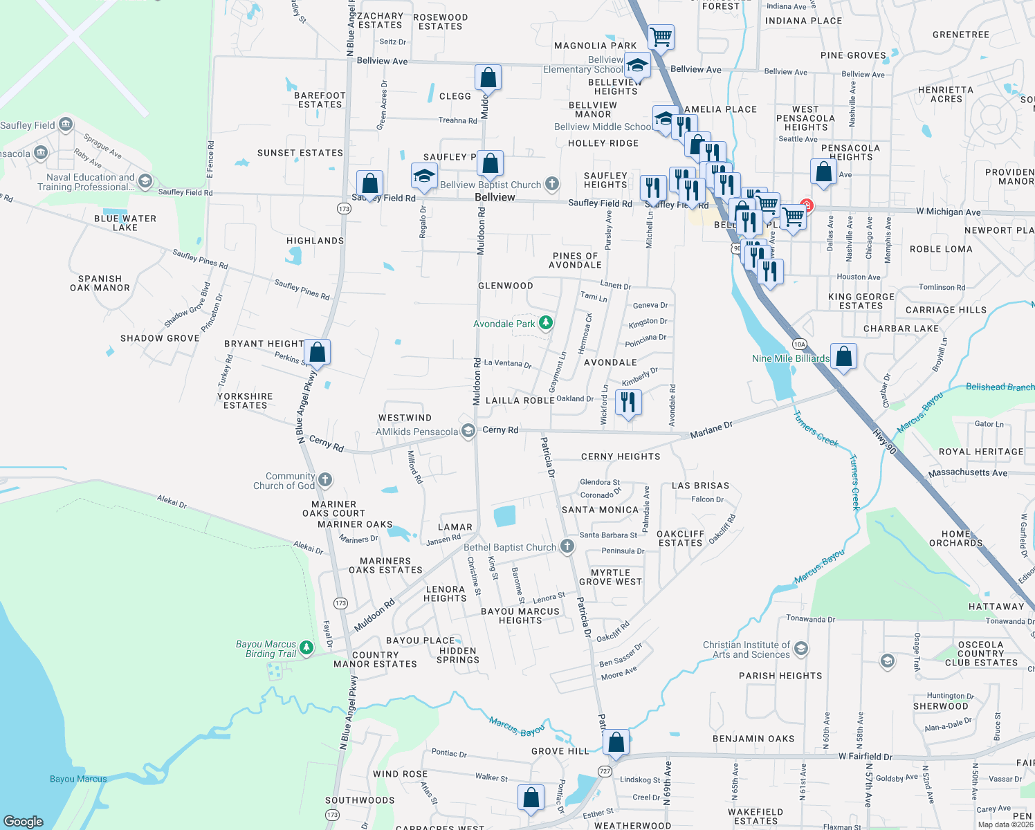 map of restaurants, bars, coffee shops, grocery stores, and more near 5600 Vestavia Lane in Pensacola