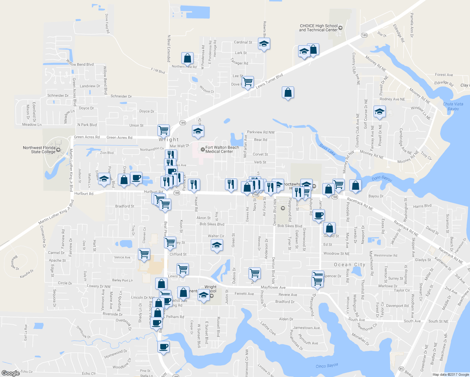 map of restaurants, bars, coffee shops, grocery stores, and more near 318 Racetrack Road Northwest in Fort Walton Beach