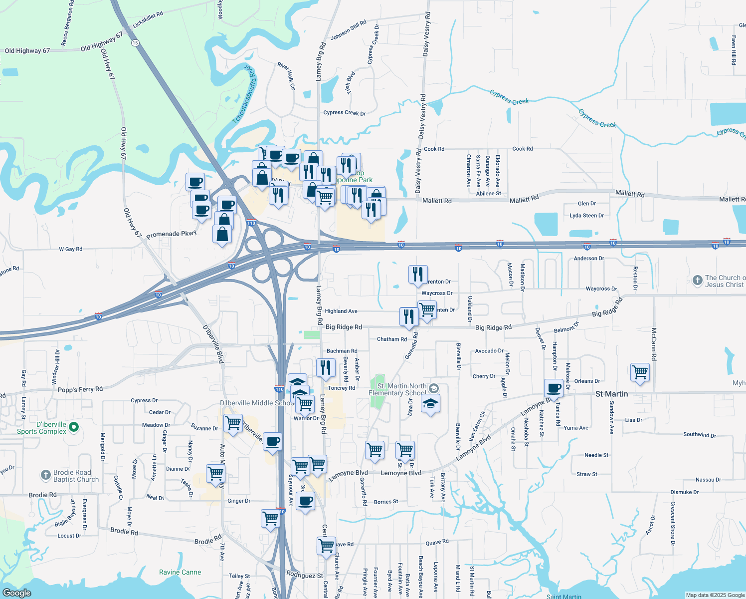 map of restaurants, bars, coffee shops, grocery stores, and more near 3121 Gable St in D'Iberville