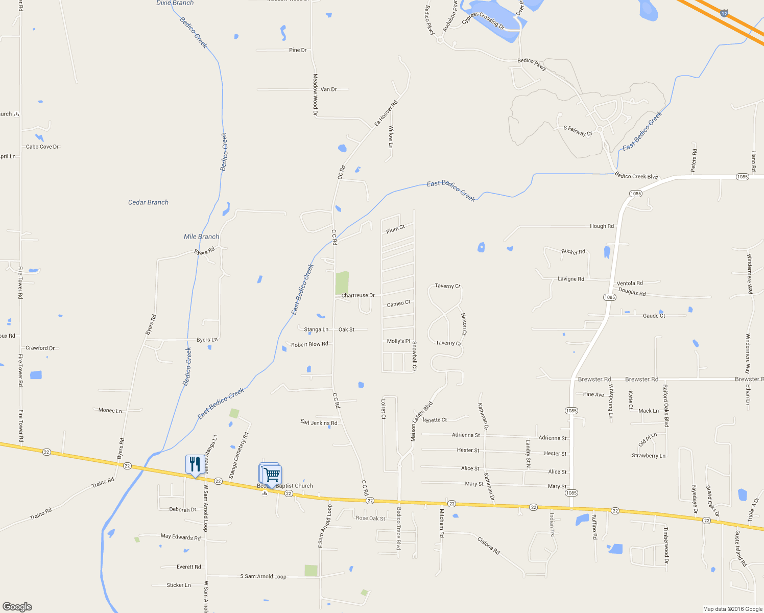 map of restaurants, bars, coffee shops, grocery stores, and more near 41293 Snowball Circle in Ponchatoula
