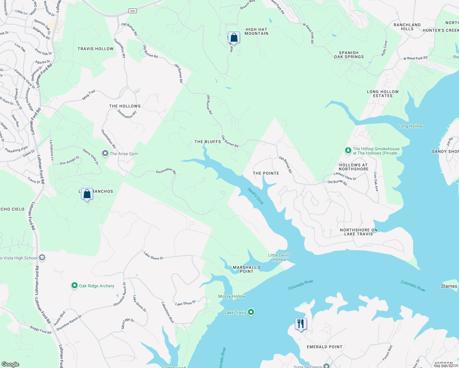 map of restaurants, bars, coffee shops, grocery stores, and more near 18724 Expedition trail in Jonestown