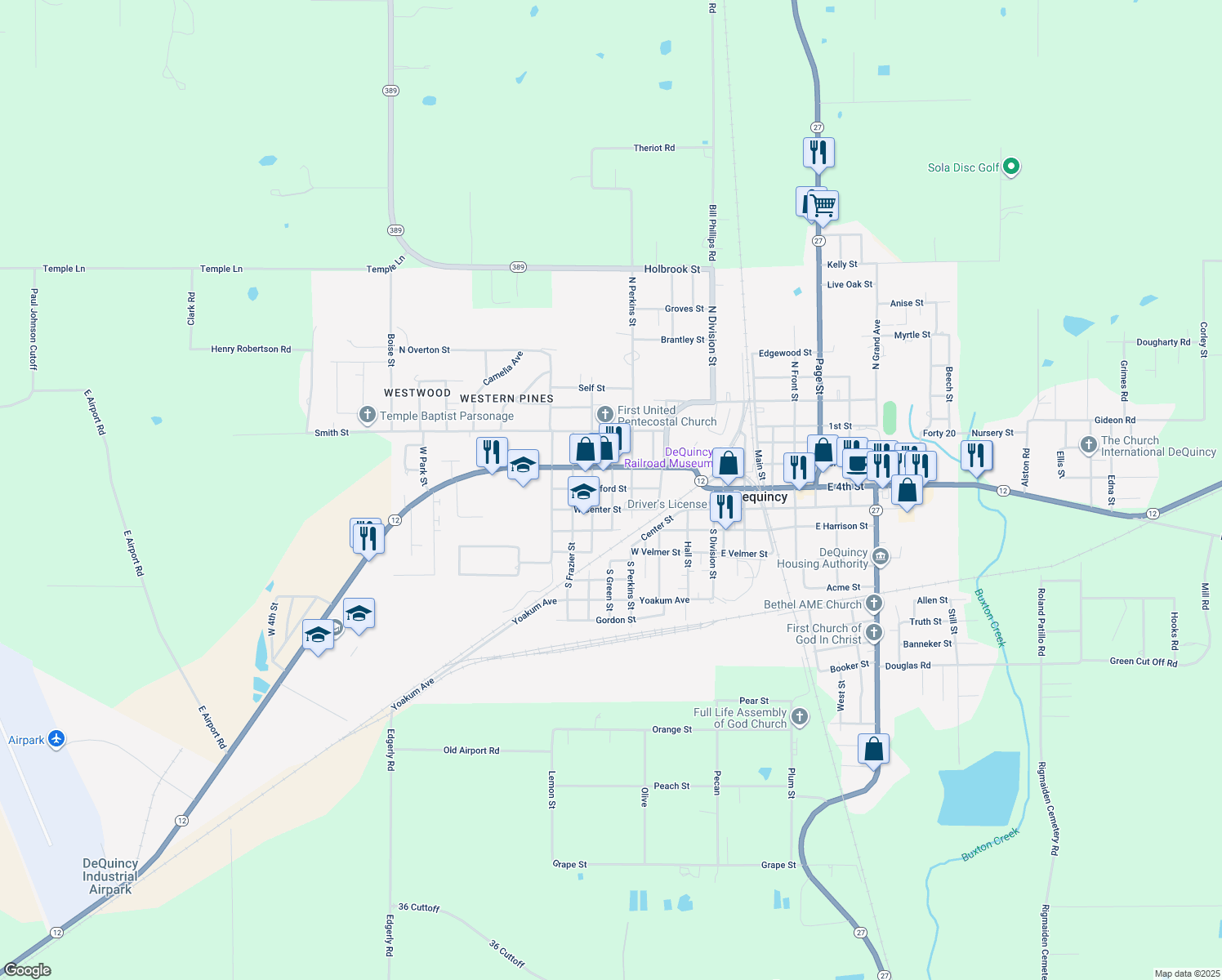map of restaurants, bars, coffee shops, grocery stores, and more near 301 Herford Street in DeQuincy