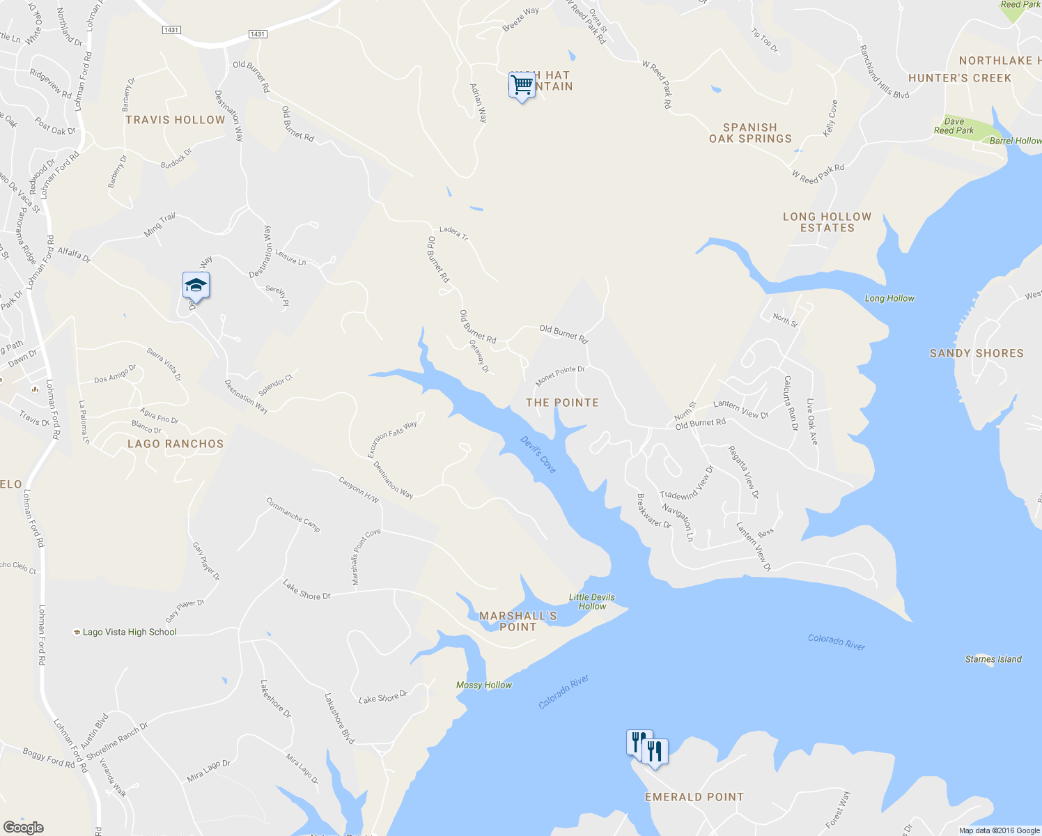 map of restaurants, bars, coffee shops, grocery stores, and more near 18506 Monet Pointe Drive in Jonestown