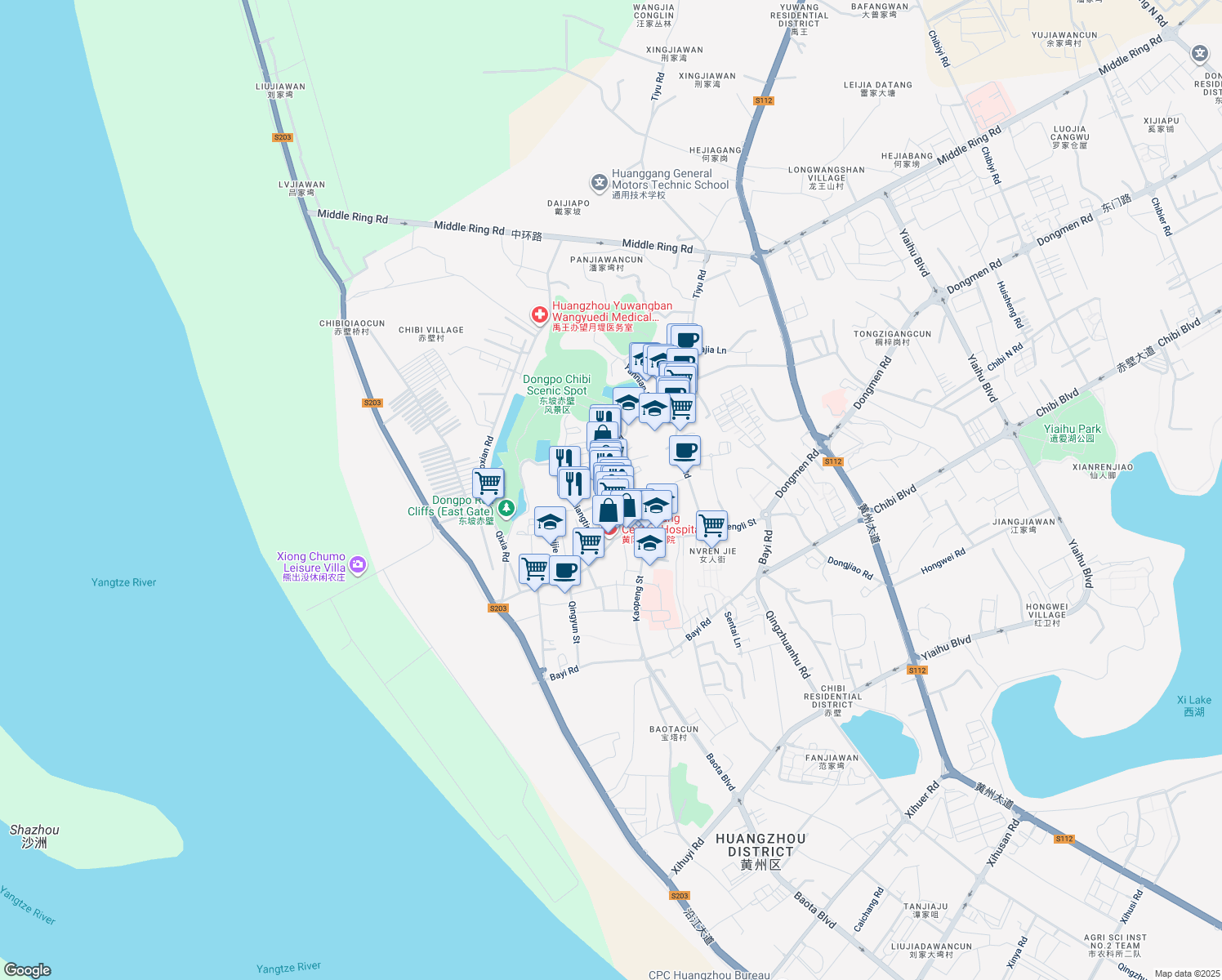 map of restaurants, bars, coffee shops, grocery stores, and more near Qi Yi Lu in Huang Gang Shi
