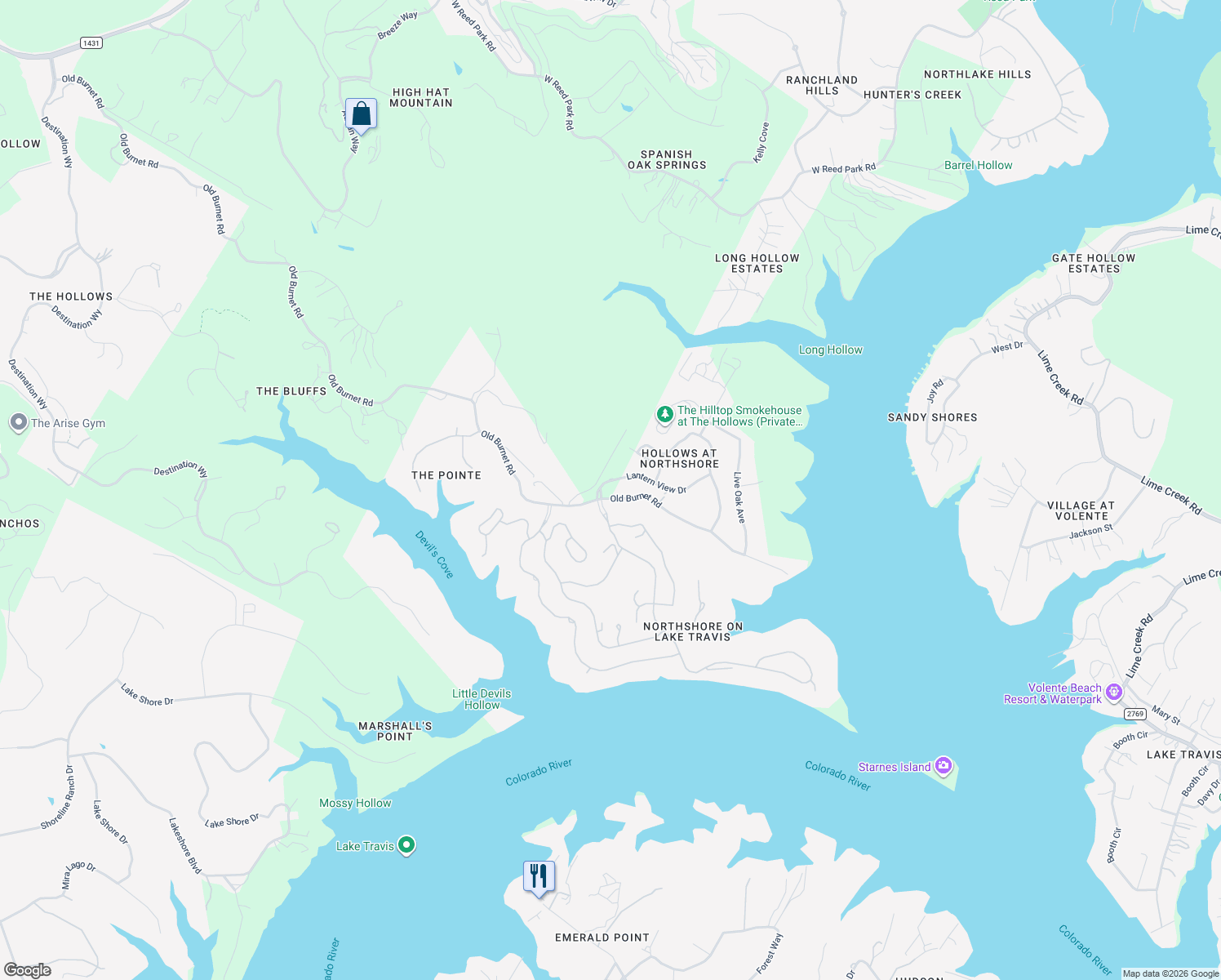 map of restaurants, bars, coffee shops, grocery stores, and more near 7500 Lantern View Drive in Jonestown