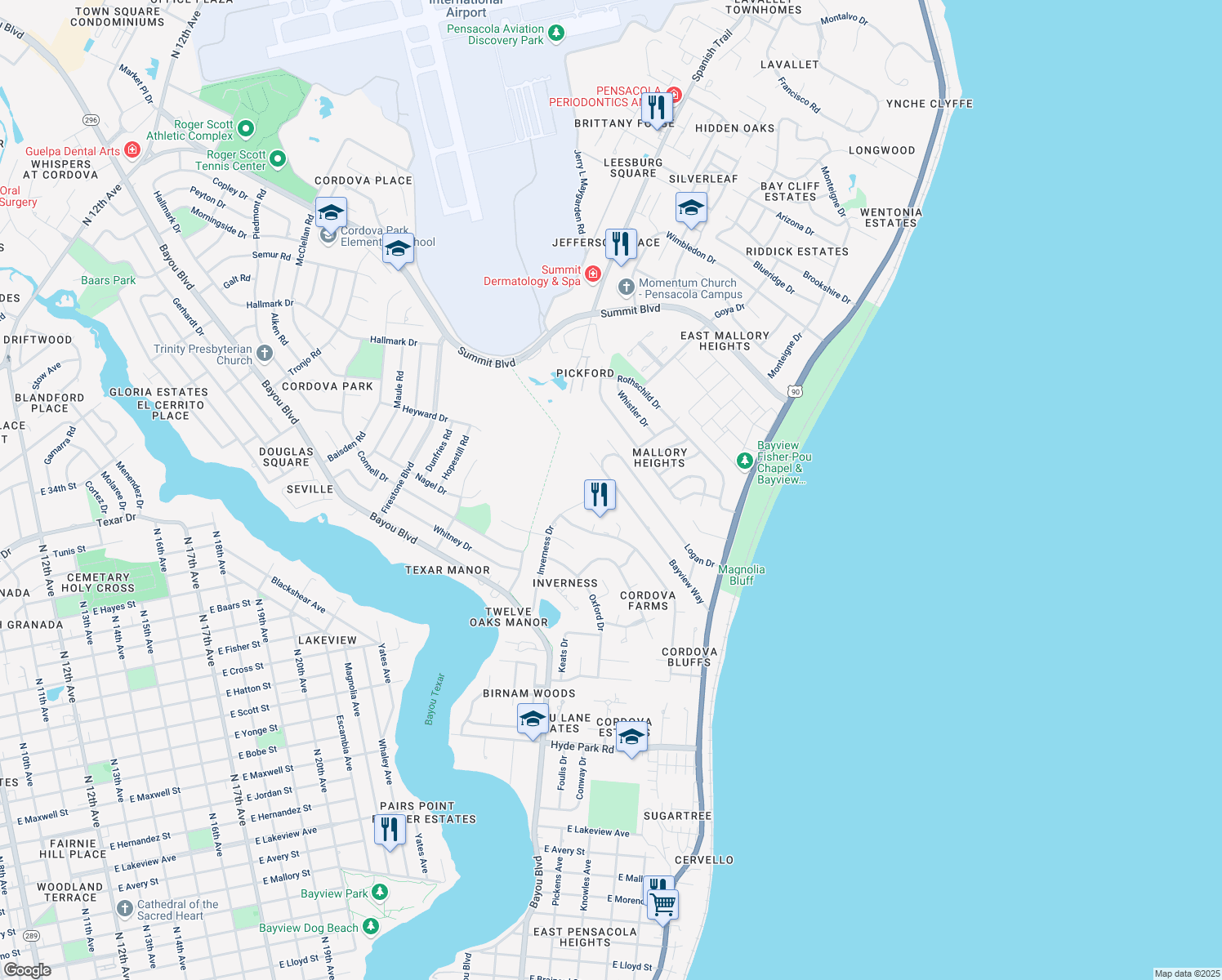 map of restaurants, bars, coffee shops, grocery stores, and more near 3177 Bayview Way in Pensacola