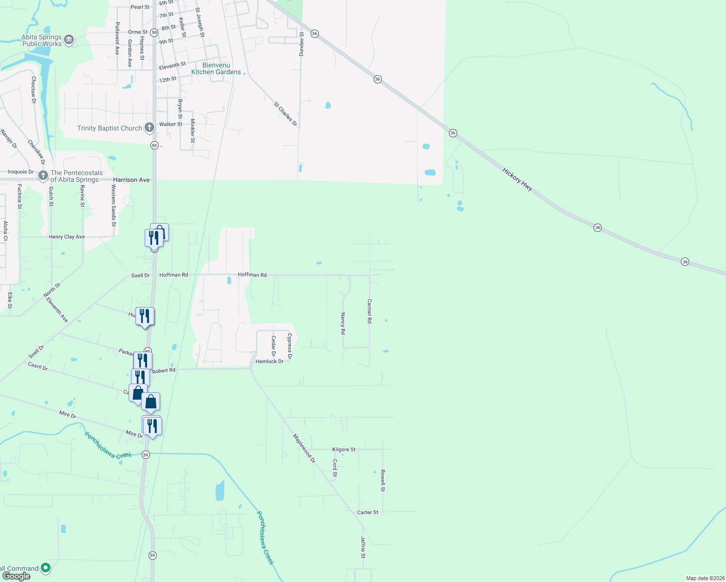 map of restaurants, bars, coffee shops, grocery stores, and more near 70215 Carmel Rd in Mandeville