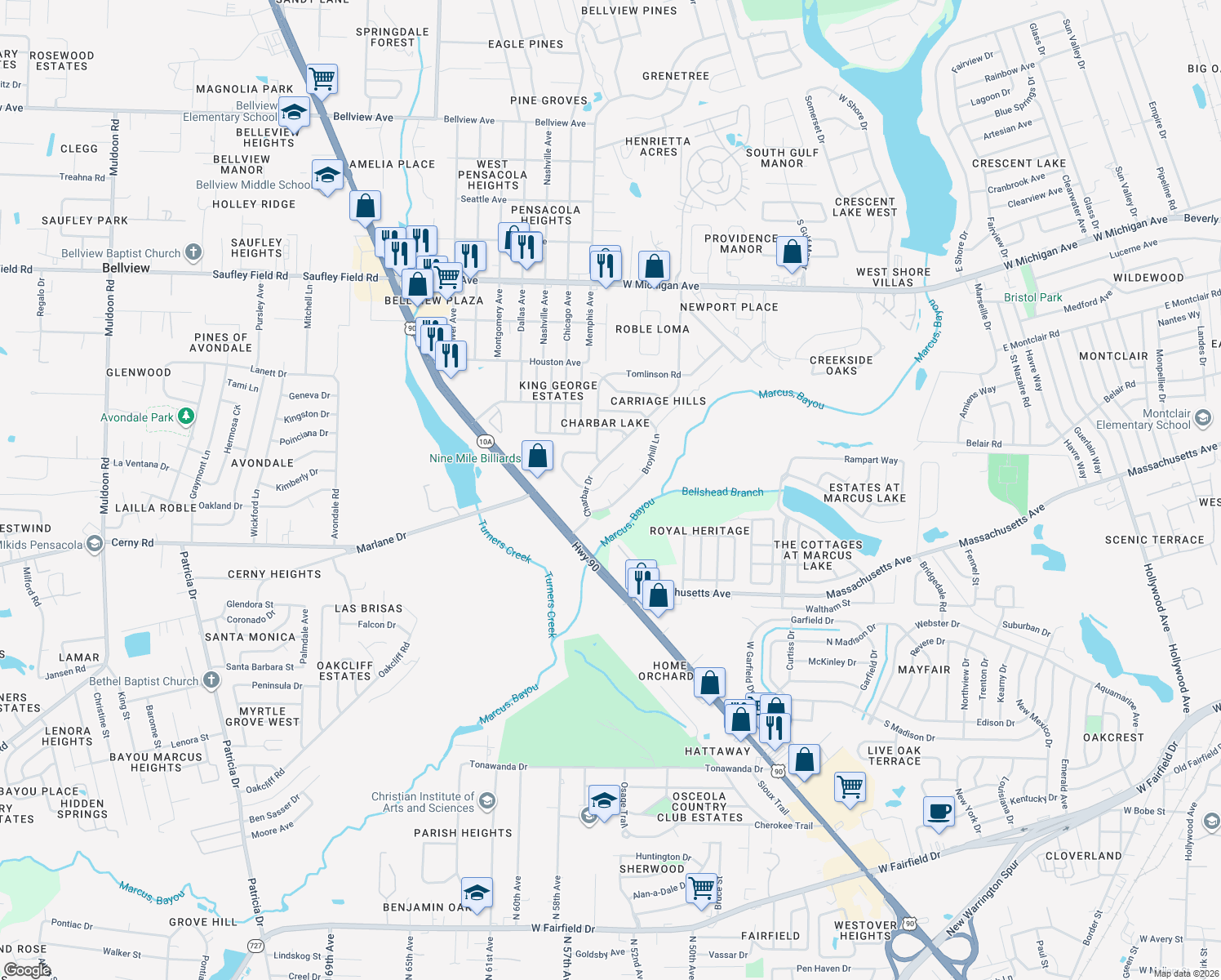 map of restaurants, bars, coffee shops, grocery stores, and more near 1845 Broyhill Court in Pensacola