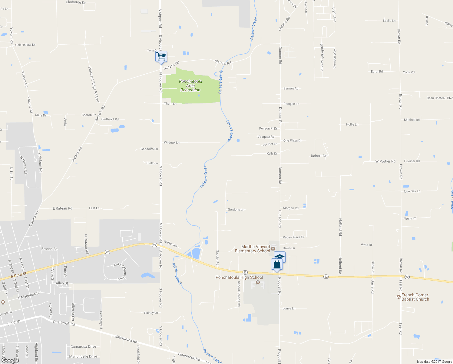 map of restaurants, bars, coffee shops, grocery stores, and more near 40403 Saucier Road in Ponchatoula