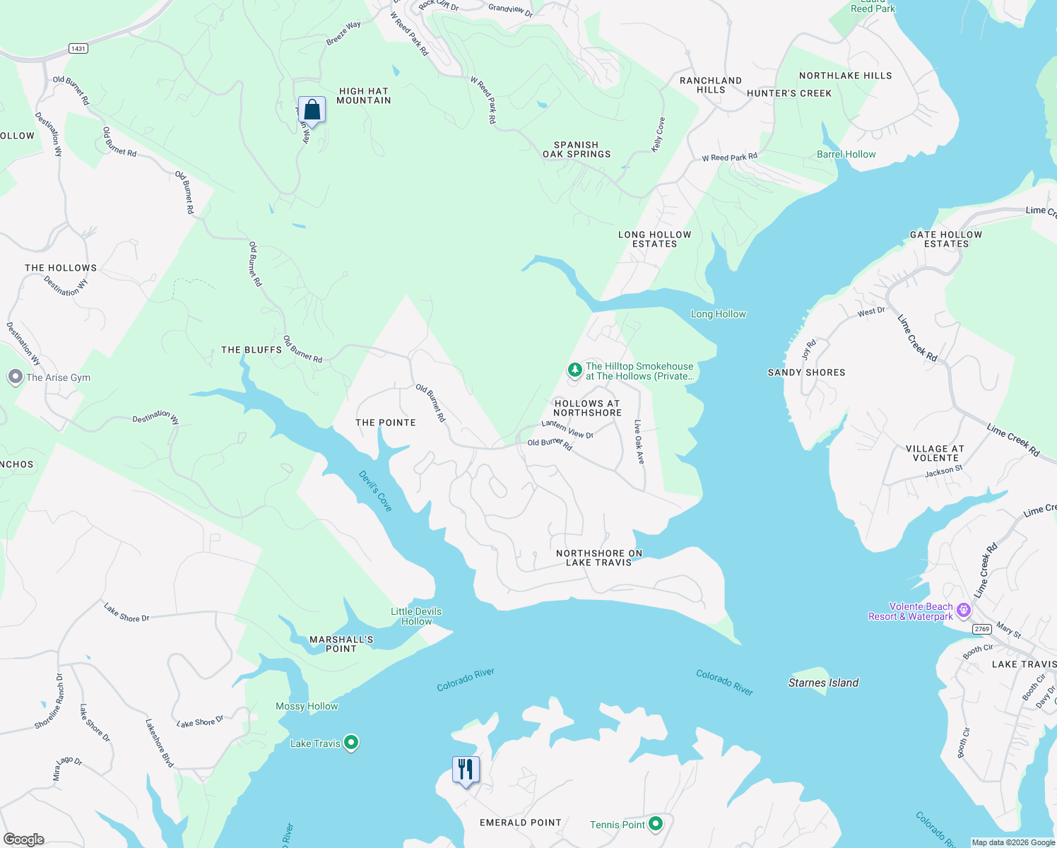 map of restaurants, bars, coffee shops, grocery stores, and more near 7500 Lantern View Drive in Jonestown