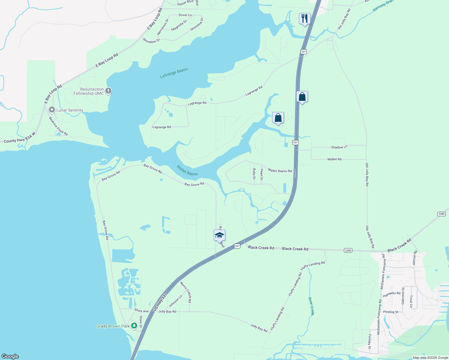 map of restaurants, bars, coffee shops, grocery stores, and more near 722 Mallet Bayou Road in Freeport