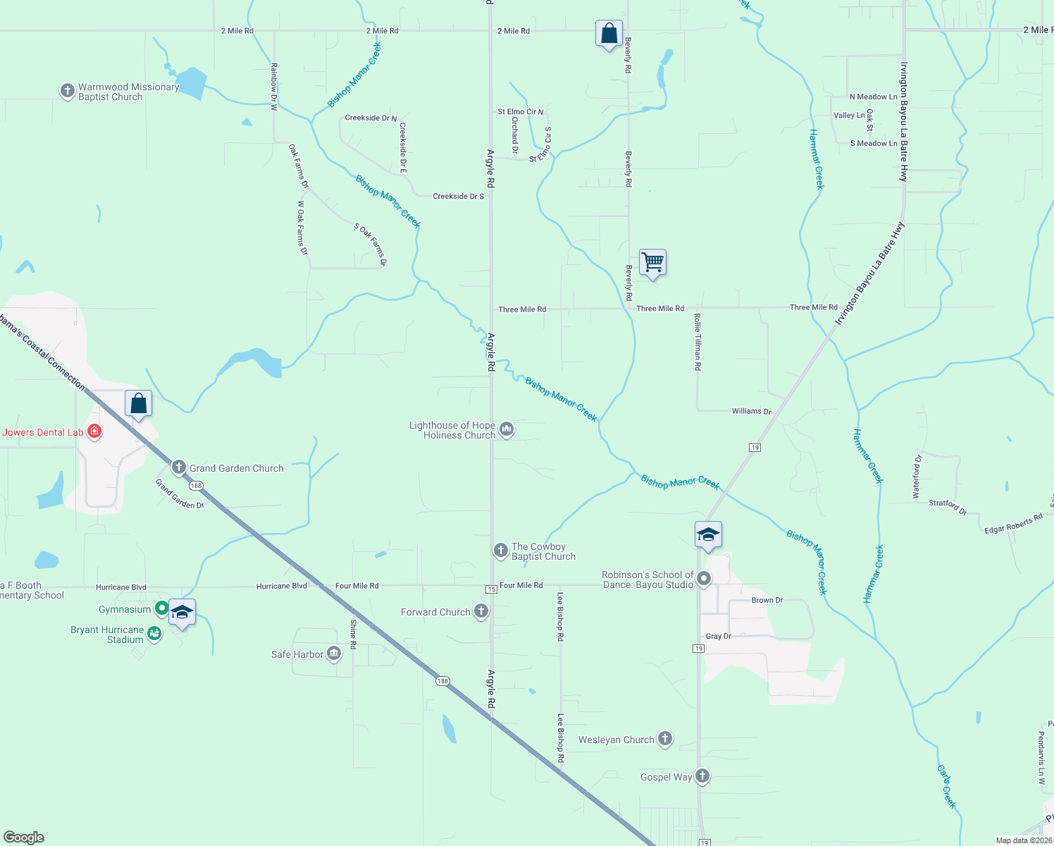 map of restaurants, bars, coffee shops, grocery stores, and more near 11495 Argyle Rd in Mobile
